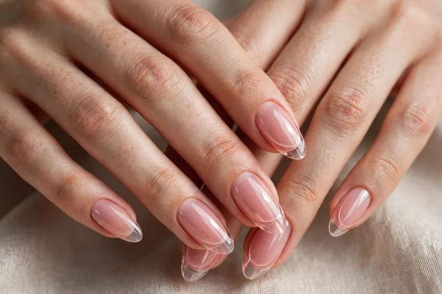 Blush pink glass glaze nails on real hands