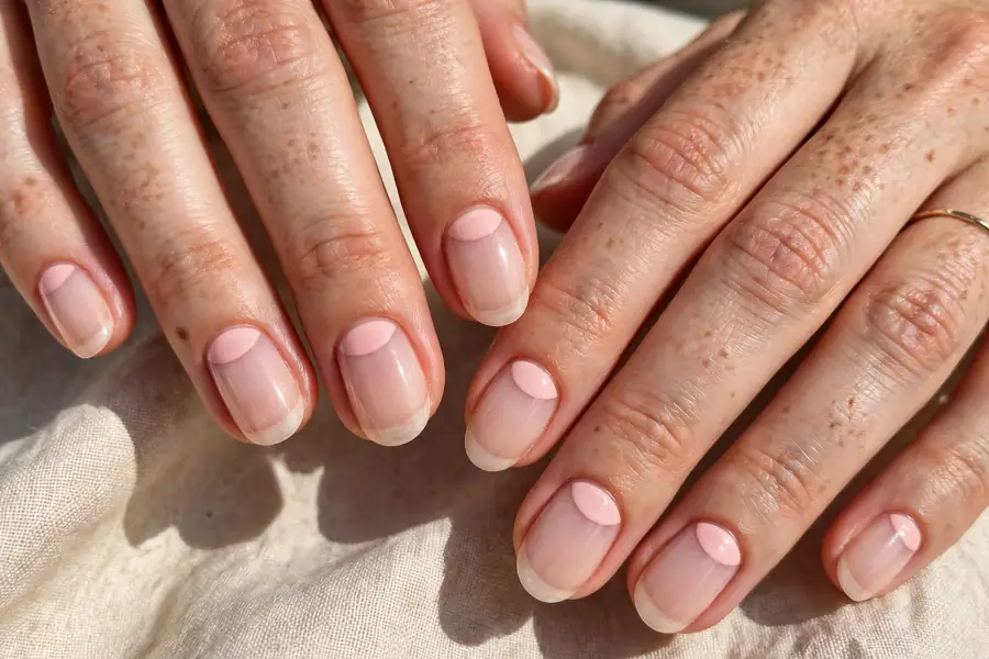 Blush reverse French nails on real hands with pink half moons at the cuticle