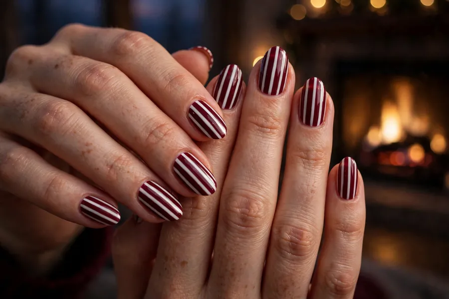 Burgundy peppermint nails with deep wine red and white stripes on real hands