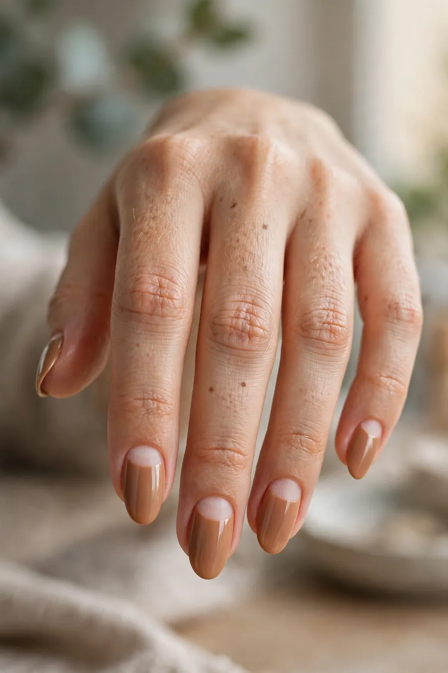 Caramel nude nails with a bare half-moon negative space at the cuticle