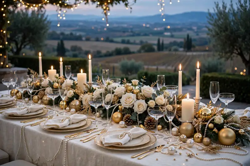 Champagne and ivory christmas table setting with coupes and gold accents