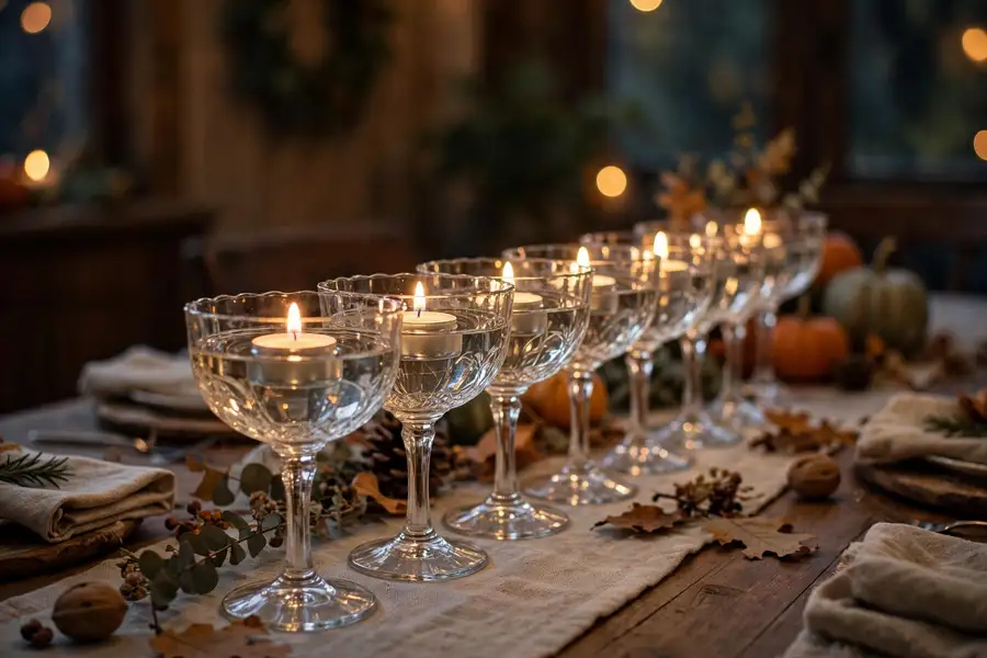 Champagne coupes with floating candles as a modern thanksgiving centerpiece