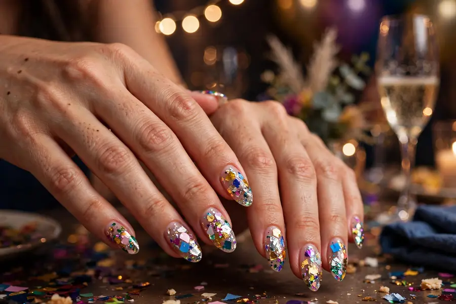 Chunky confetti glitter nails on real hands at a party