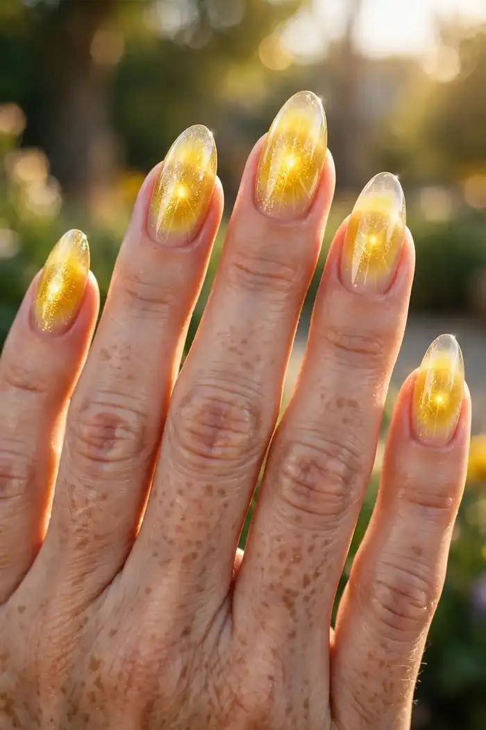 Citrine spark aura nails with radiant yellow and gold gradients