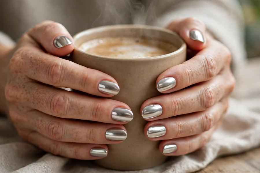 Classic silver chrome oval nails on real hands holding a warm drink