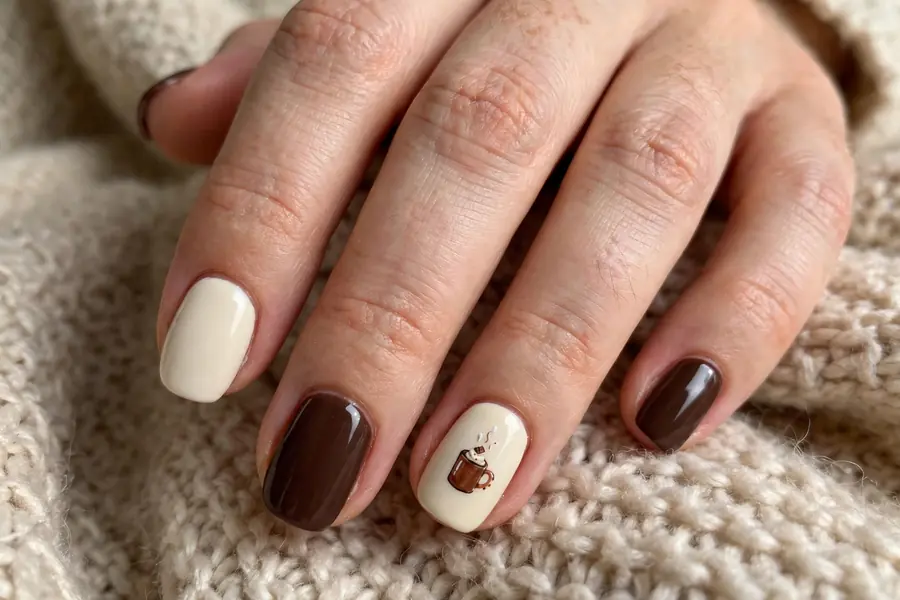 Hot chocolate nails with tiny cocoa mug accent art on real hands