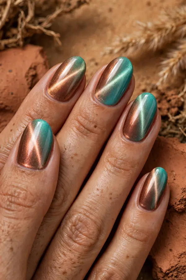 Oval nails with copper-to-turquoise two tone cat eye nail polish, oxidized metal effect