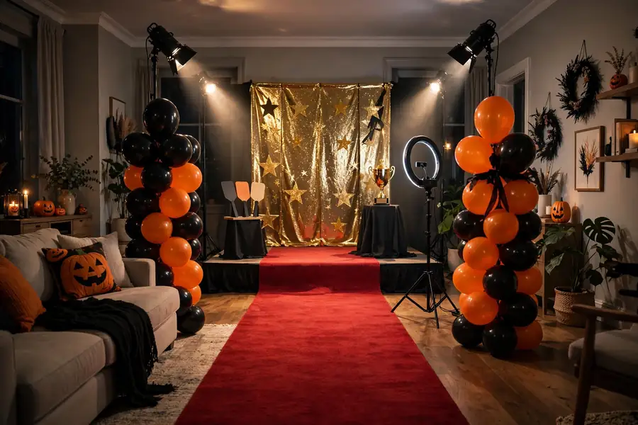 Halloween costume contest runway with red carpet, gold star backdrop and trophy
