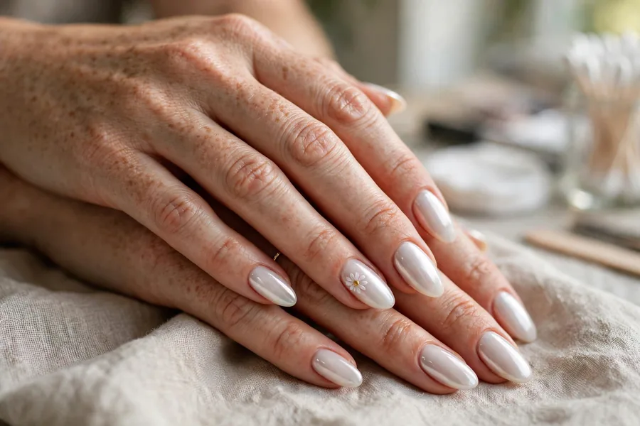 Milky white chrome nails with a delicate daisy accent nail