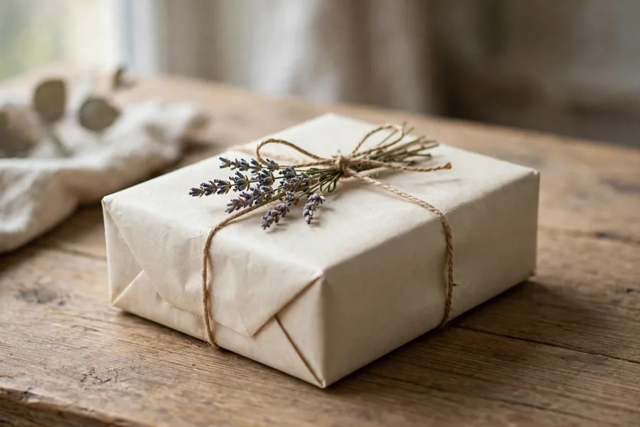 A Christmas gift wrapped in cream paper with dried lavender tied under twine