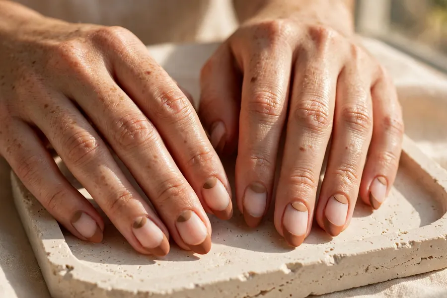 Earthy negative space nails with clay arcs on real hands