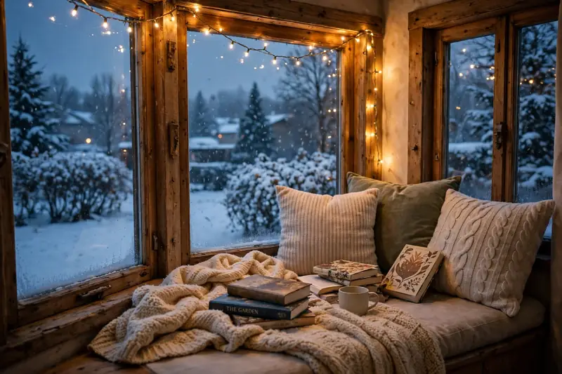 Window reading nook with warm fairy lights cushions books and a blanket at dusk