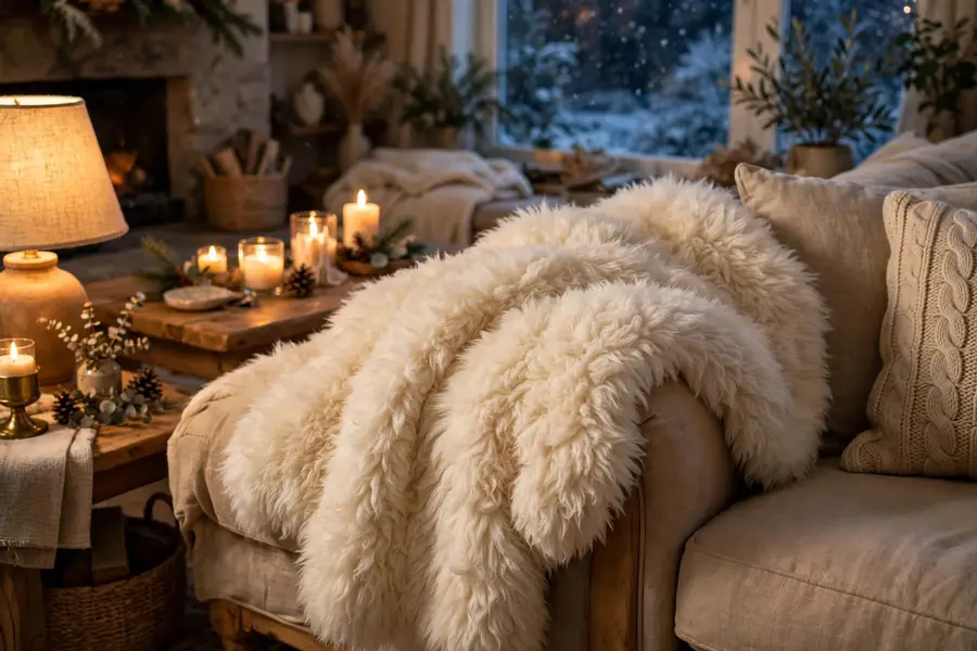 faux fur throw draped over a sofa in a cozy winter living room