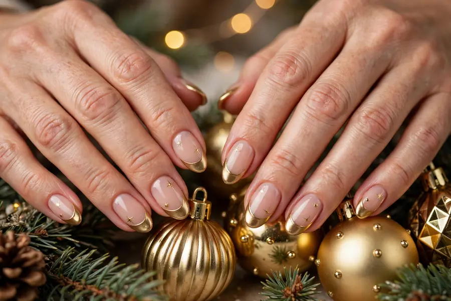 Gilded gold ornament Christmas French tip nails on real hands near gold ornaments