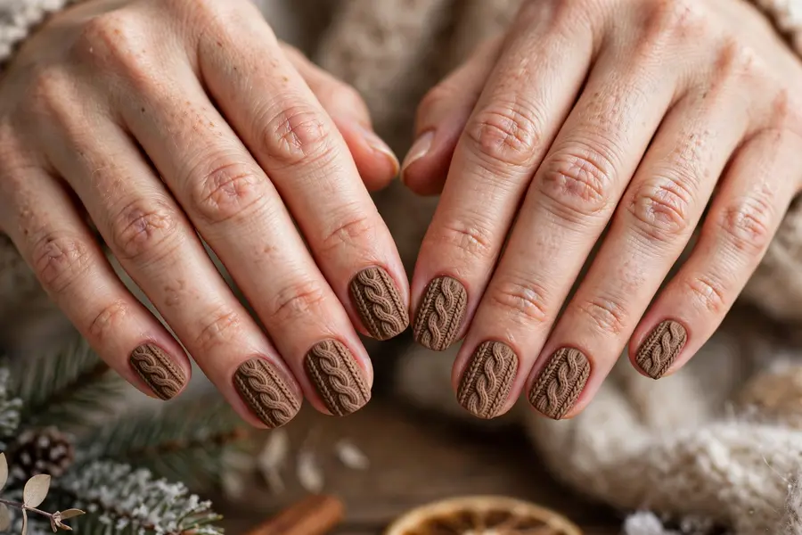 Gingerbread sweater knit nails with cozy cable texture on real hands