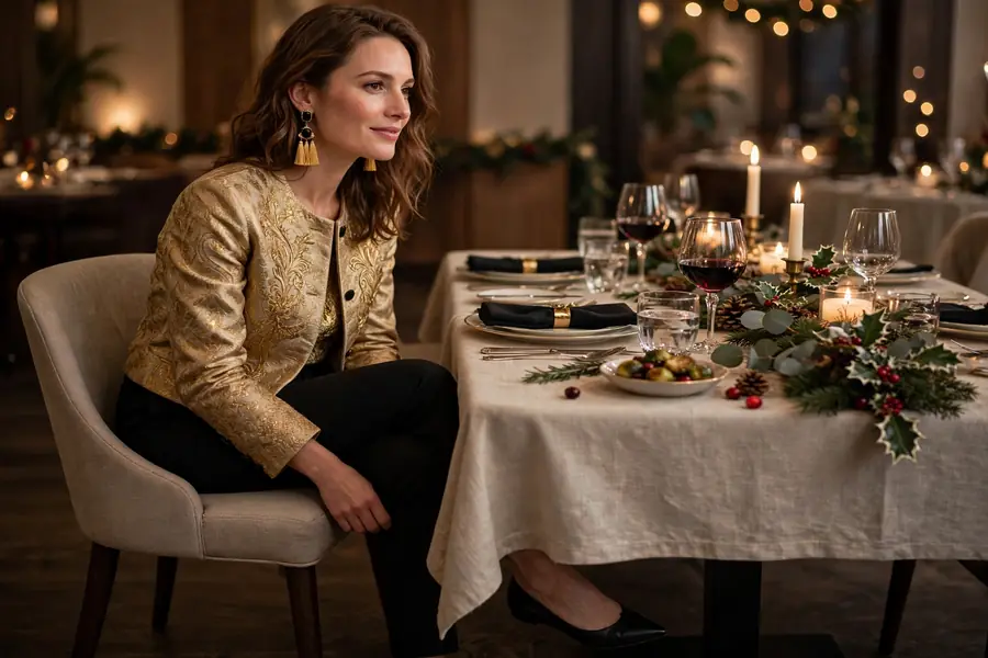 Gold brocade top with black cigarette pants at an upscale holiday dinner