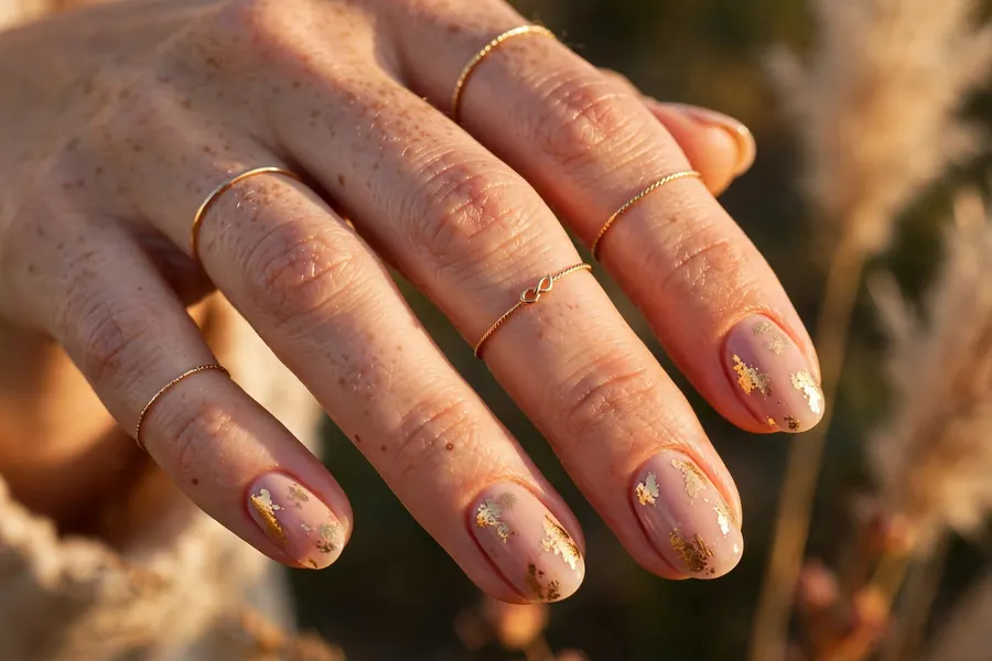 Gold-flecked Valentine's Day nails with foil on blush nude