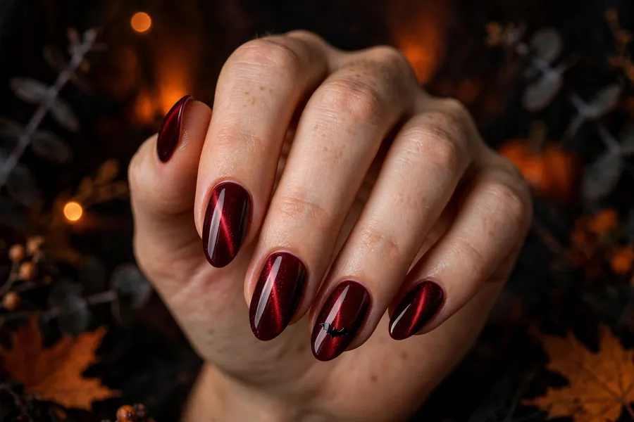 Halloween bat accent dark red cat eye nails