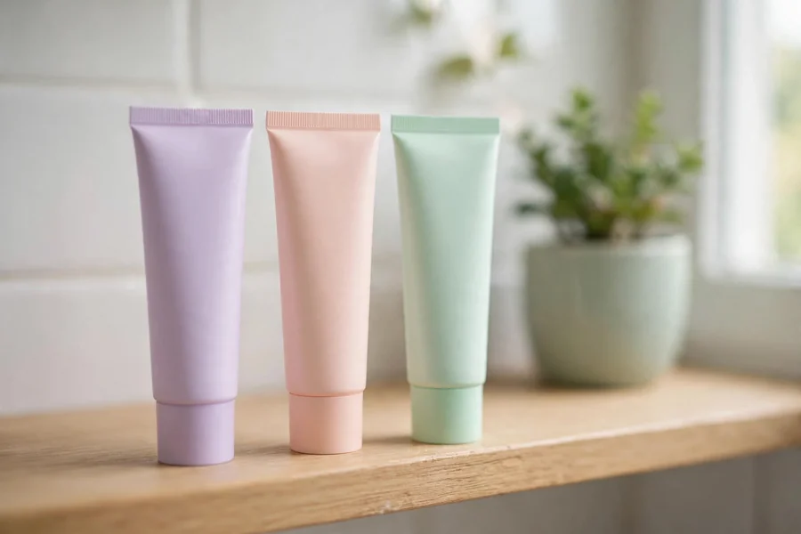 Three small hand cream tubes in pastel packaging on a bathroom shelf