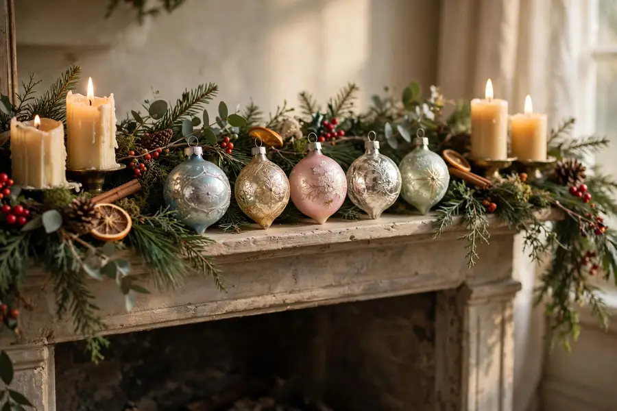 Heirloom Christmas ornaments displayed along a fireplace mantel