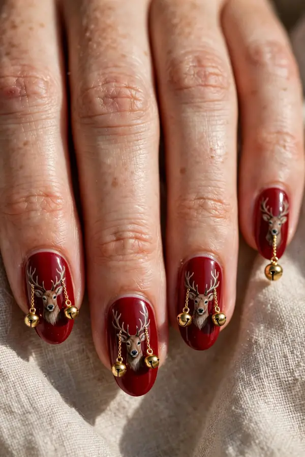 Jingle bell reindeer nails with tiny gold bells on real hands