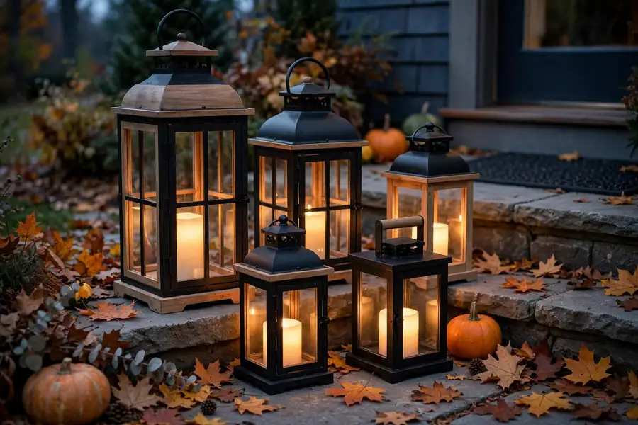 Fall home decor ideas with a lantern cluster glowing by the front steps