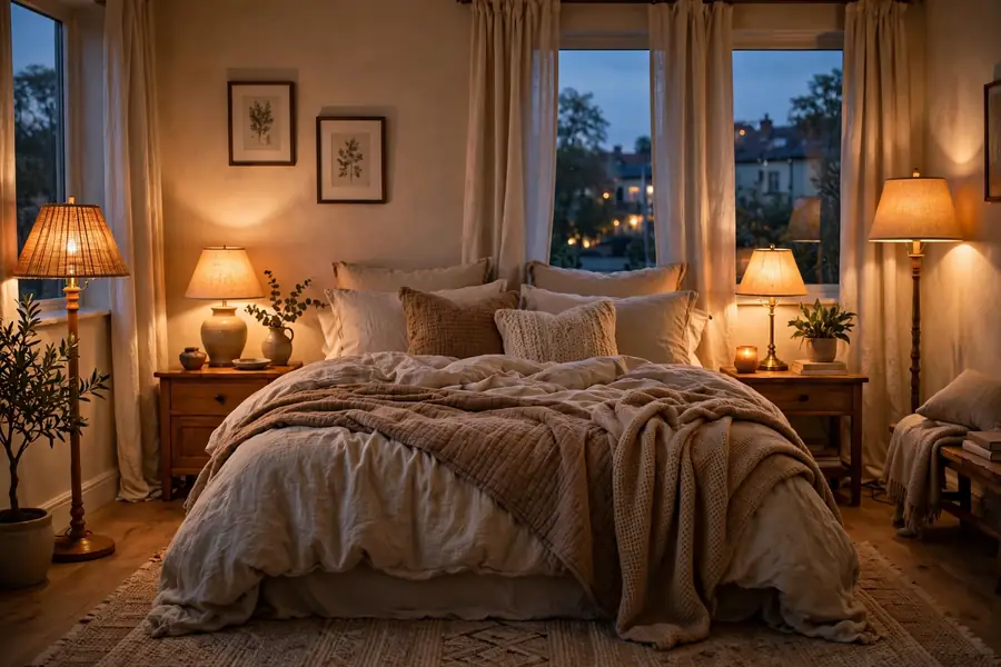 cozy bedroom at dusk with low warm lighting in every corner