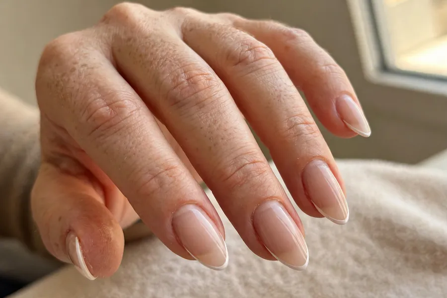 Micro French tips on almond shaped nails