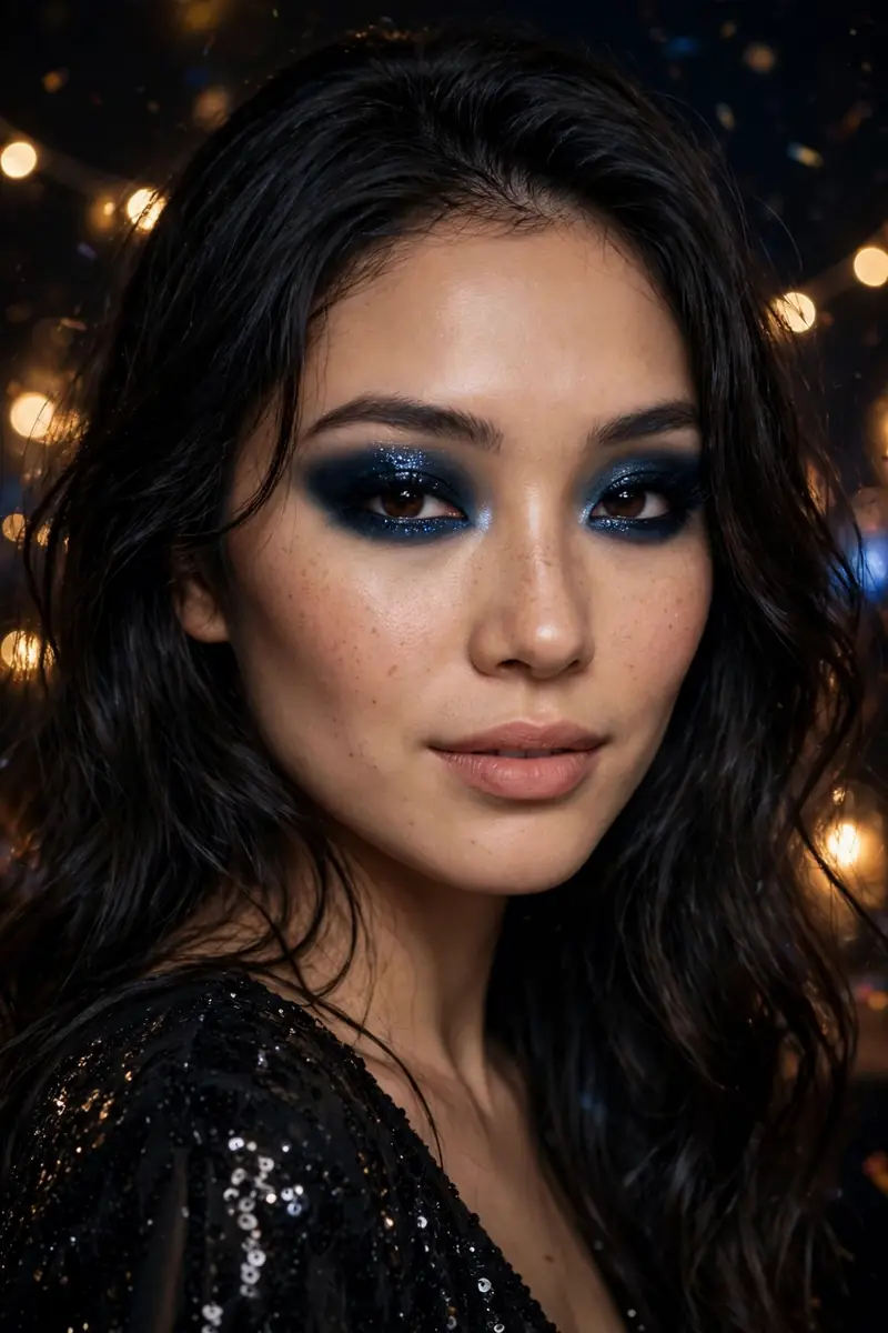Woman with a midnight blue smoky eye makeup look for New Year's Eve