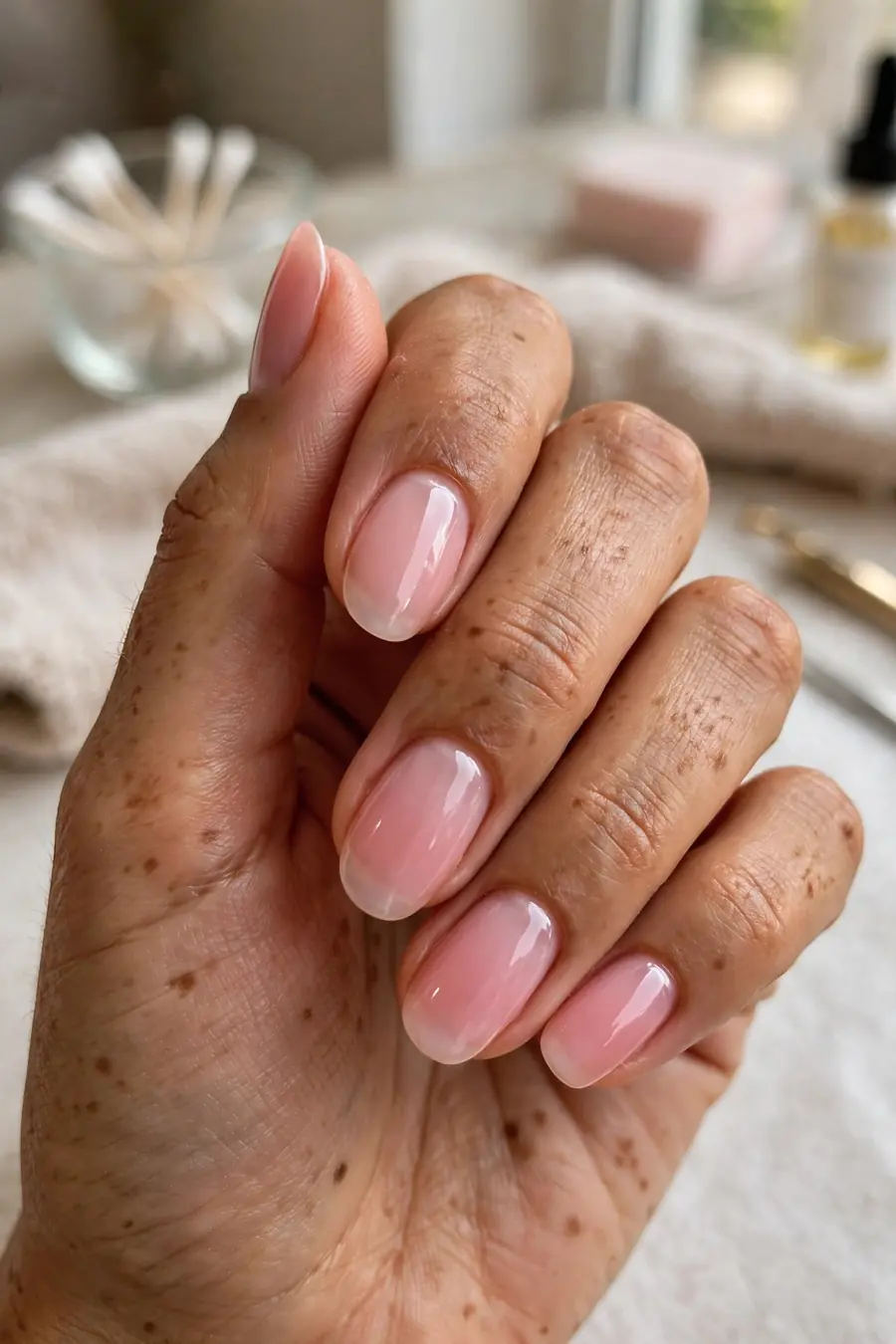 Milky translucent raspberry jelly nails with a soft creamy finish