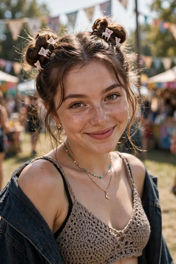 space buns decorated with mini bedazzled claw clips