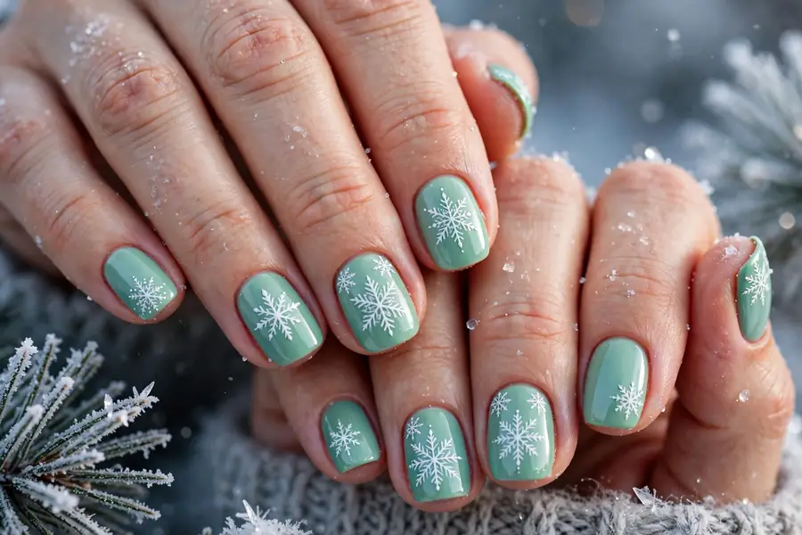 Cool mint green nails with crisp white snowflake nail art on real hands
