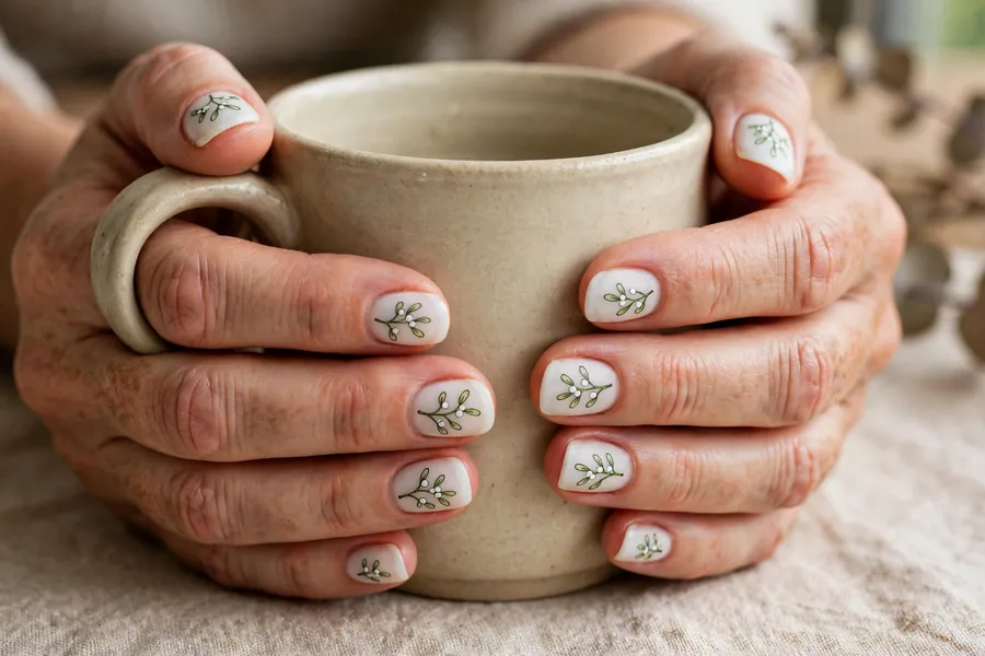 Hand-drawn mistletoe doodle on milky white mistletoe nails on real hands with a mug