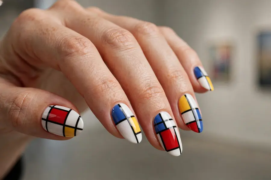 Mondrian primary color striped almond nails on real hands