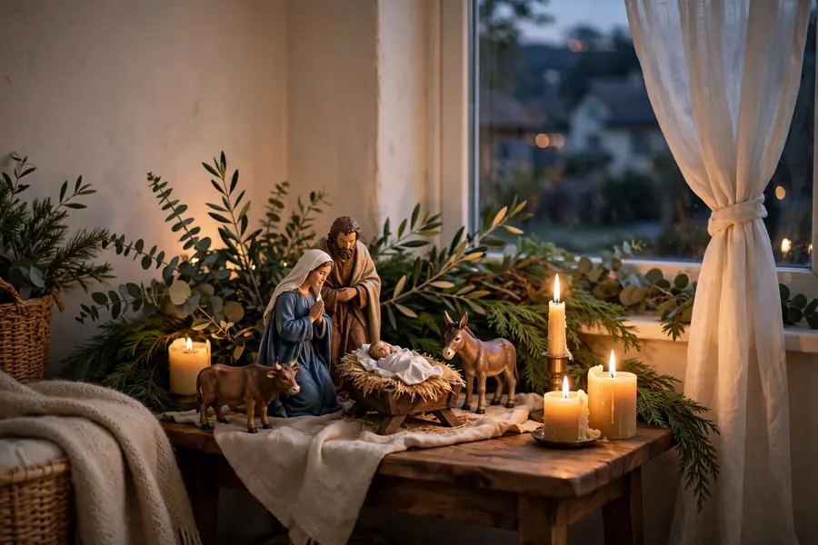 Nativity scene with candles and greenery on a side table by a window