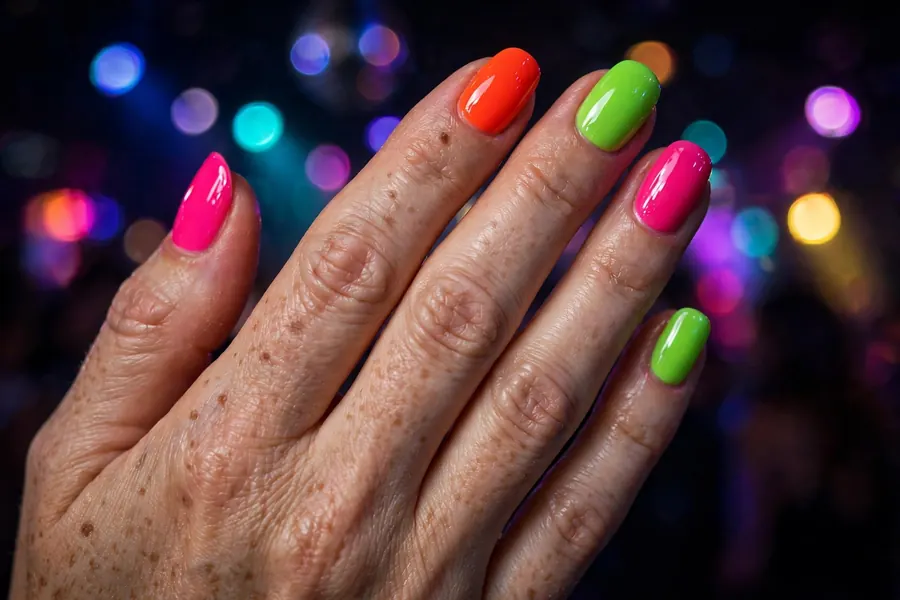Neon pink orange and lime birthday nails