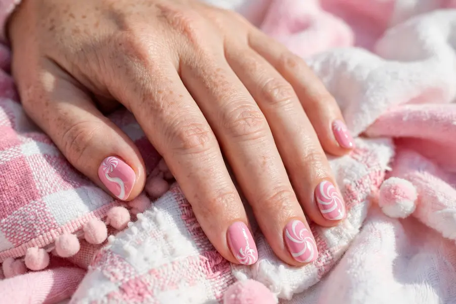 Peppermint pink december nail ideas in soft candy pink with white swirl accents