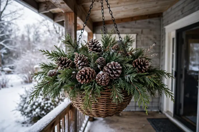 Photorealistic photograph of a hanging basket filled with pinecones and evergreen on a covered front porch