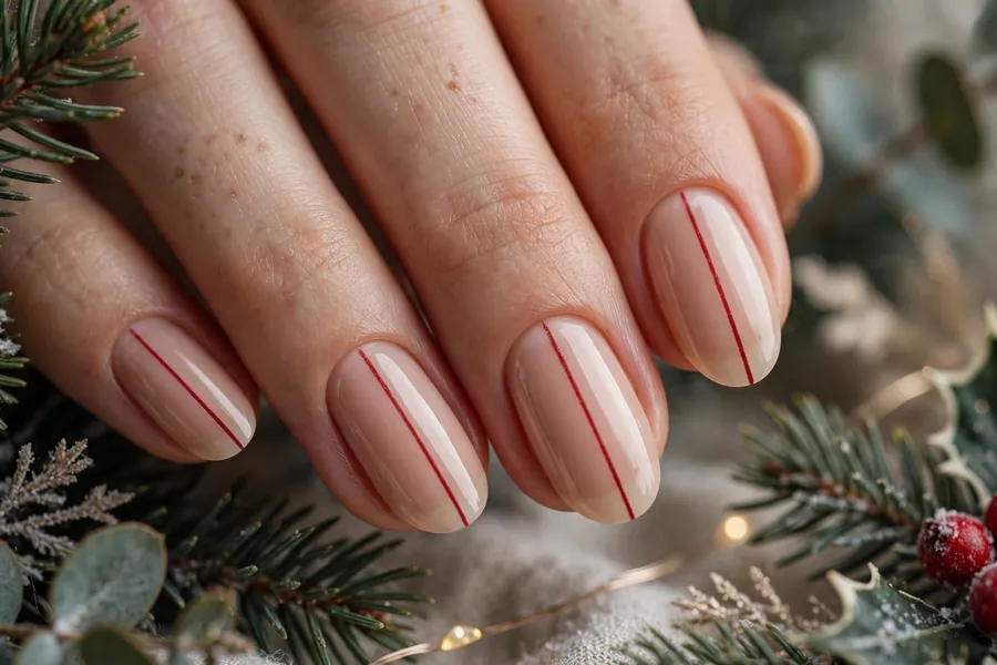 Nude nails with thin red stripes