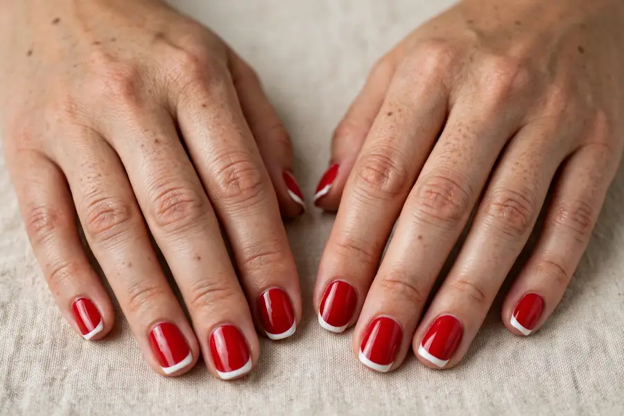 Two-tone red and white tip nails on real hands