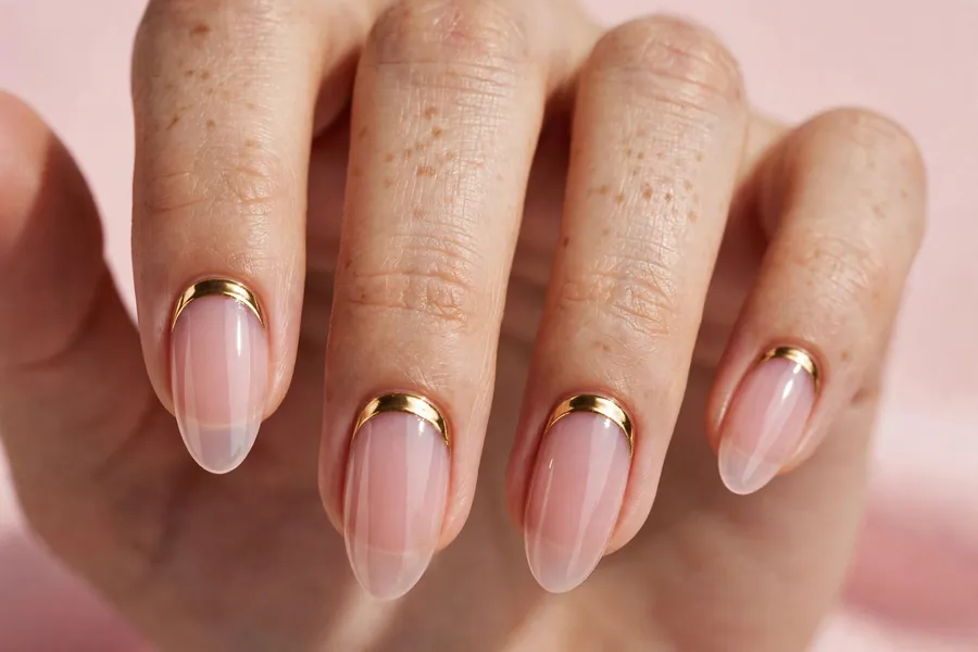 Hand with reverse French gold chrome nails at the cuticle