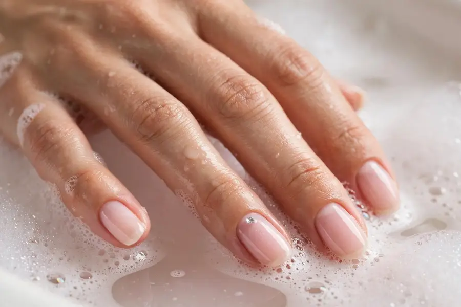 Bubble bath nails with rhinestone cuticle accent on real hands