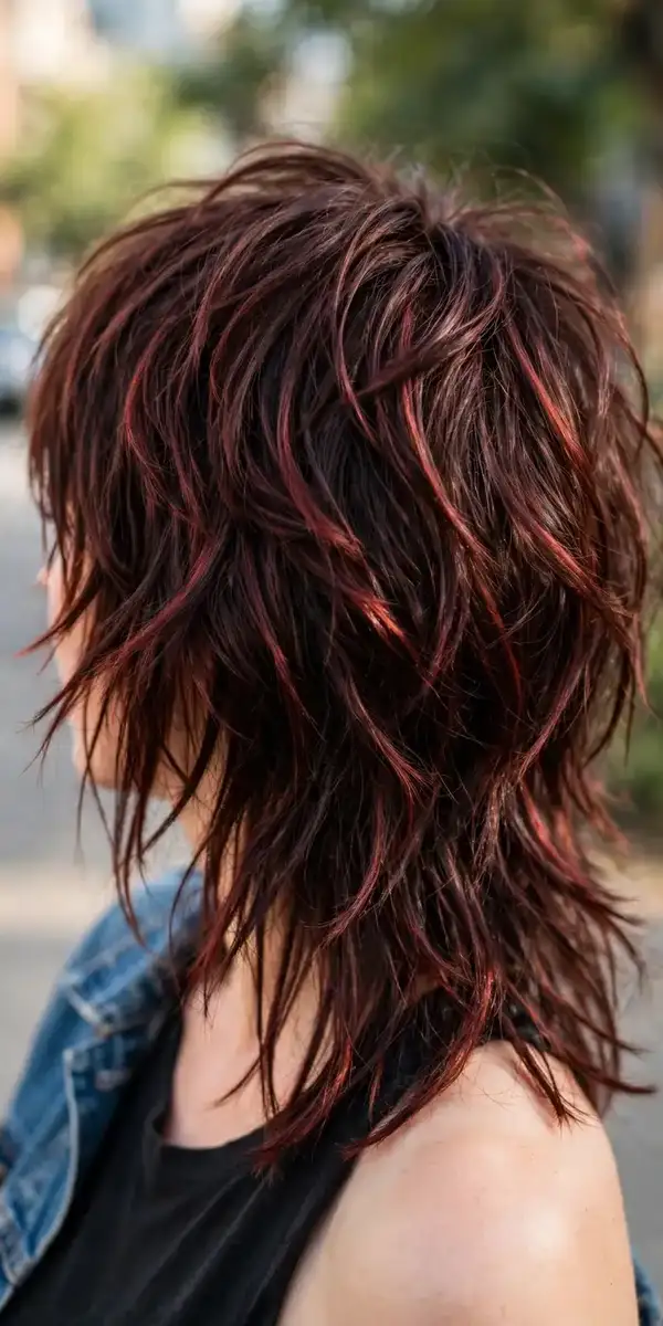 Cherry cola brunette on a textured shag haircut with layers