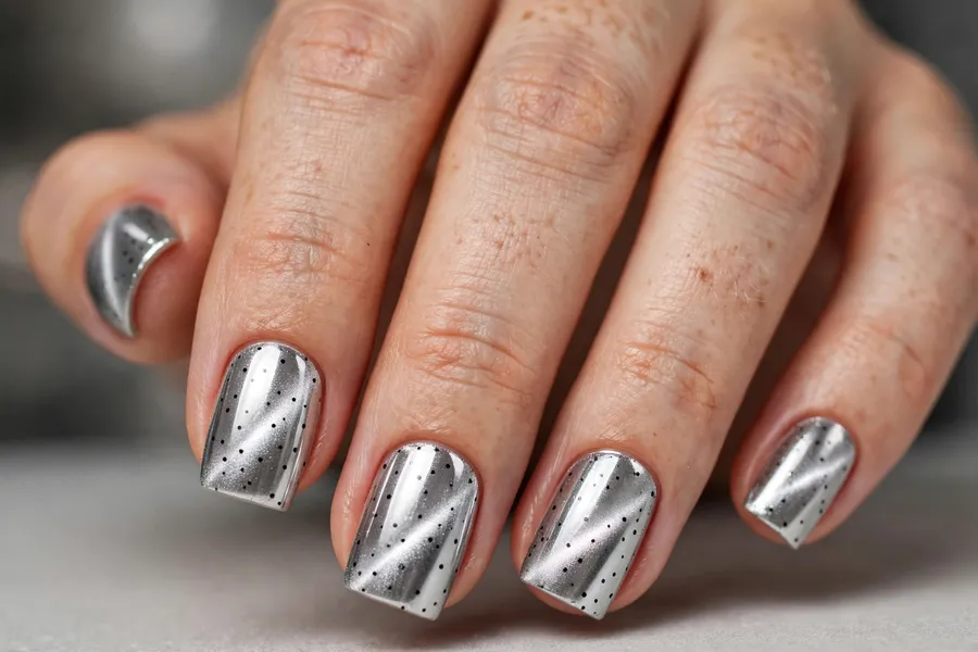 Silver chrome polka dot cat eye nails with black micro dots