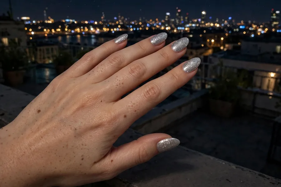 Silver sparkle glitter date night nails on real hands under twinkling city lights