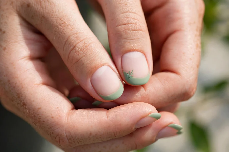 Sage French tips with a single tiny leaf