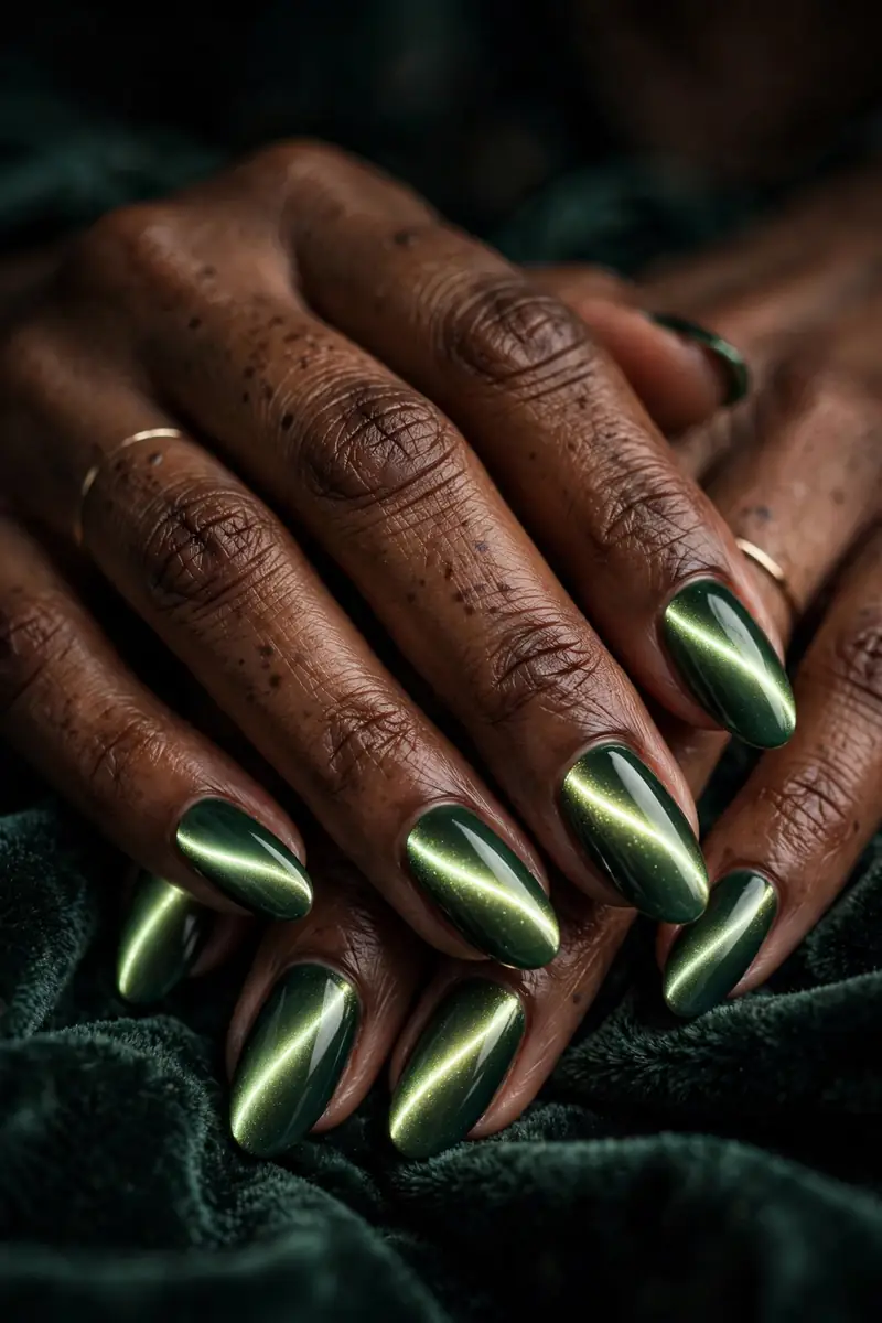 Deep green velvet cat-eye nails with magnetic depth on real hands