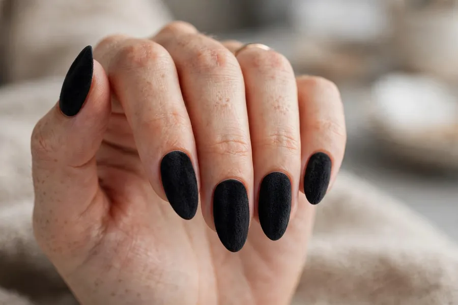 Velvet matte black nails, soft-touch black nails manicure