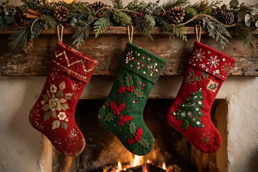 Vintage felt Christmas stockings with sequin decorations hanging on a mantel