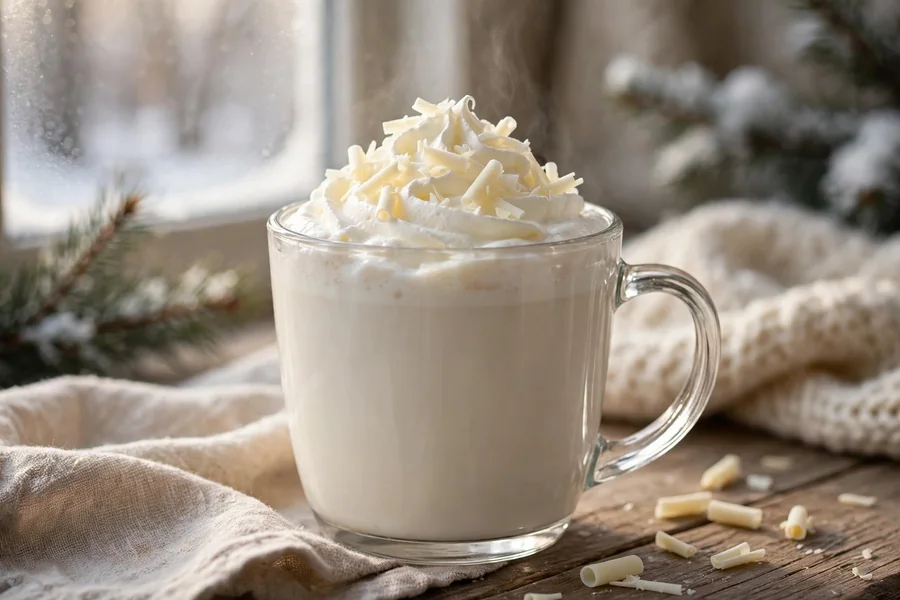White hot chocolate with vanilla whipped cream and white chocolate shavings